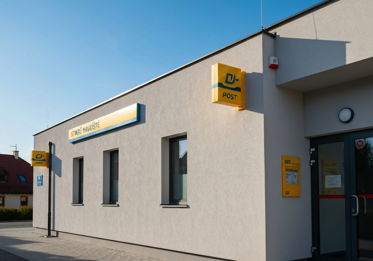 A clean, modern Czech post office exterior in the village of Staré Hradiště, bright daytime lighting, clear signage with professional branding, architectural photography, premium quality, soft natural shadows, 85mm lens, no text, no words, no letters.