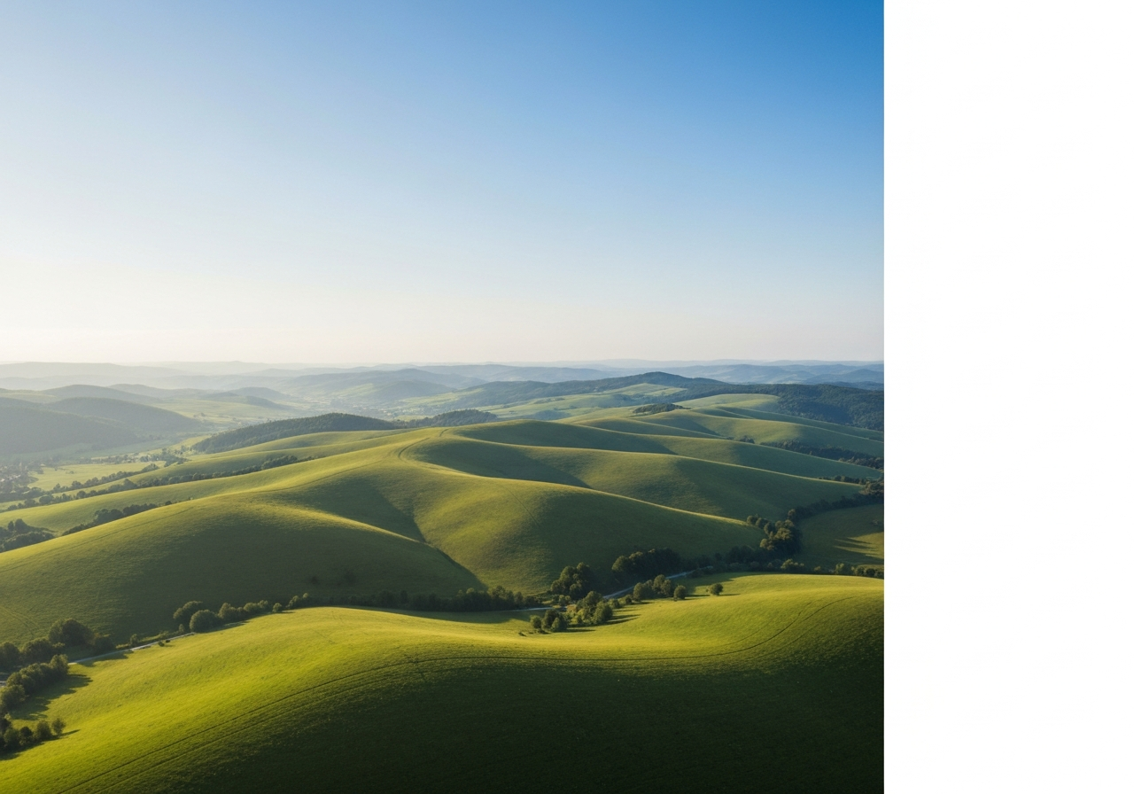 Aerial view of the West Slovakian lowlands in the Záhorie region, rolling green landscapes, clear horizon under soft morning light, editorial travel photography, 85mm lens, highly detailed, no text, no letters