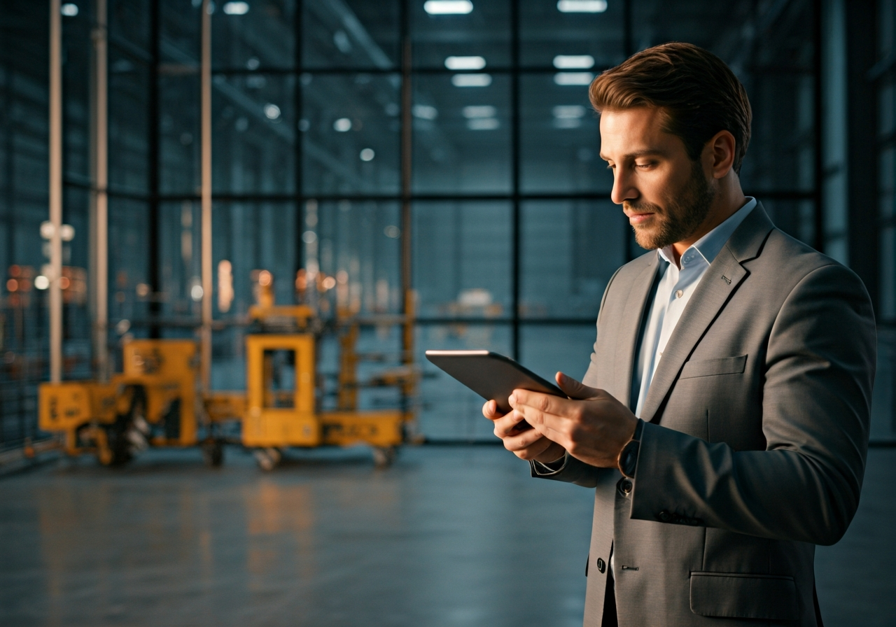 A professional logistics manager using a sleek tablet in a modern, automated warehouse with glass walls, soft natural morning light, cinematic editorial photography, 85mm lens, high resolution, no text, no letters