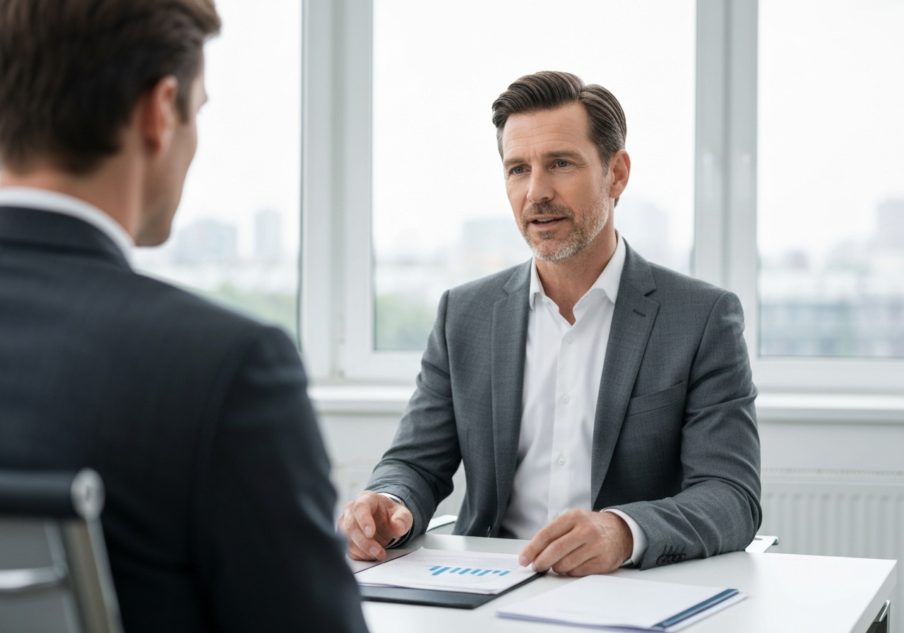A confident professional participating in a modern, bright office interview, focused expression, minimal workspace background, professional attire, editorial photography, soft natural light, 85mm lens, highly detailed, no text, no letters