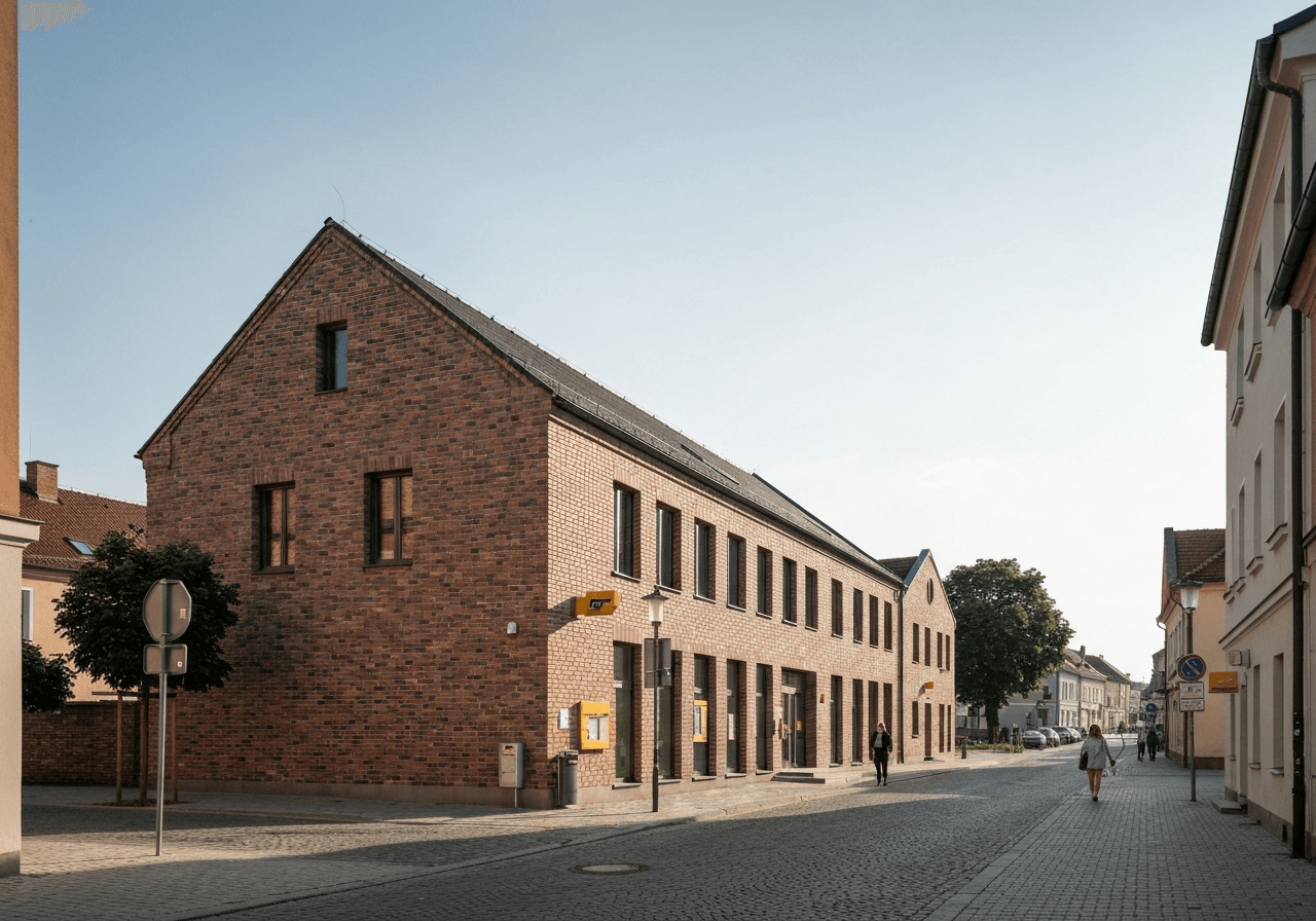 A wide-angle editorial shot of the exterior of a modern, well-maintained post office building in a small Czech town, brick architecture, calm street environment, soft natural daylight, 85mm lens, high quality, no text, no letters