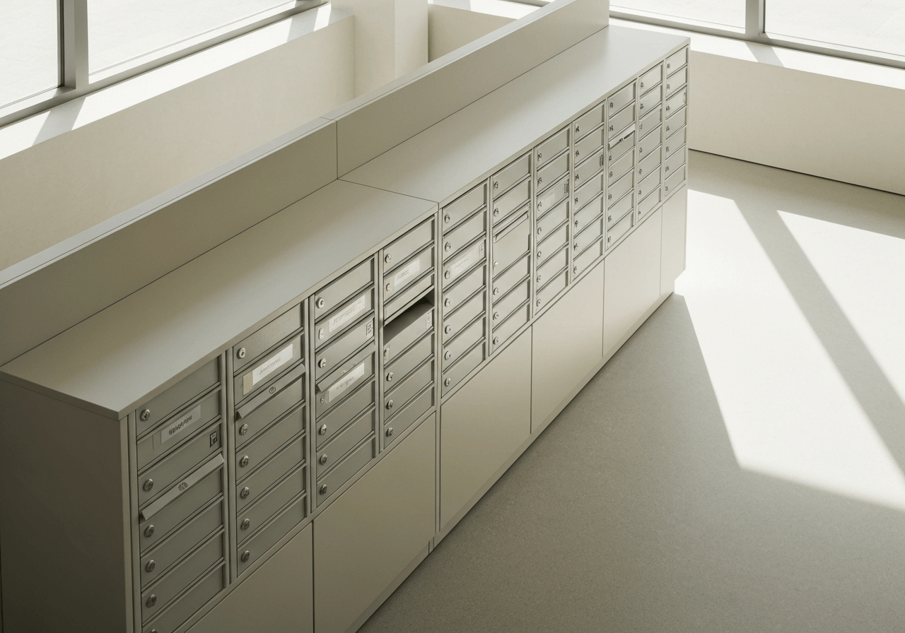 A high-angle close-up shot of a modern, organized mailbox station in a serene, sunlit public building, minimalist interior, editorial photography, soft natural light, 85mm lens, highly detailed, no text, no letters, no labels