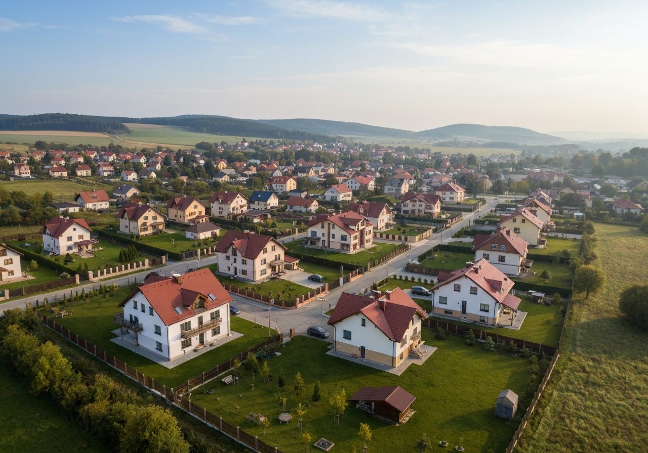Aerial wide-angle view of Bradlec village in the Czech Republic, rolling hills of the Central Bohemian Region, modern residential houses with red roofs, clean infrastructure, soft natural morning sunlight, 85mm lens, high-end editorial photography, no text, no letters
