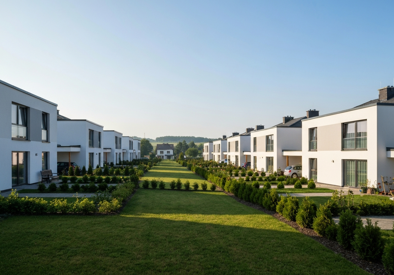 Aerial view of a peaceful residential neighborhood in the Czech countryside, rows of modern family houses with green gardens, soft natural morning light, cinematic editorial style, 85mm lens, high resolution, no text, no letters