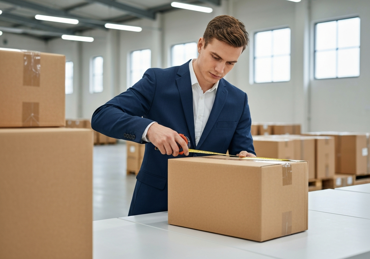 A professional logistics consultant measuring a cardboard parcel with a tape measure, modern warehouse background with soft natural lighting, editorial photography style, 85mm lens, high resolution, no text, no words, no letters.