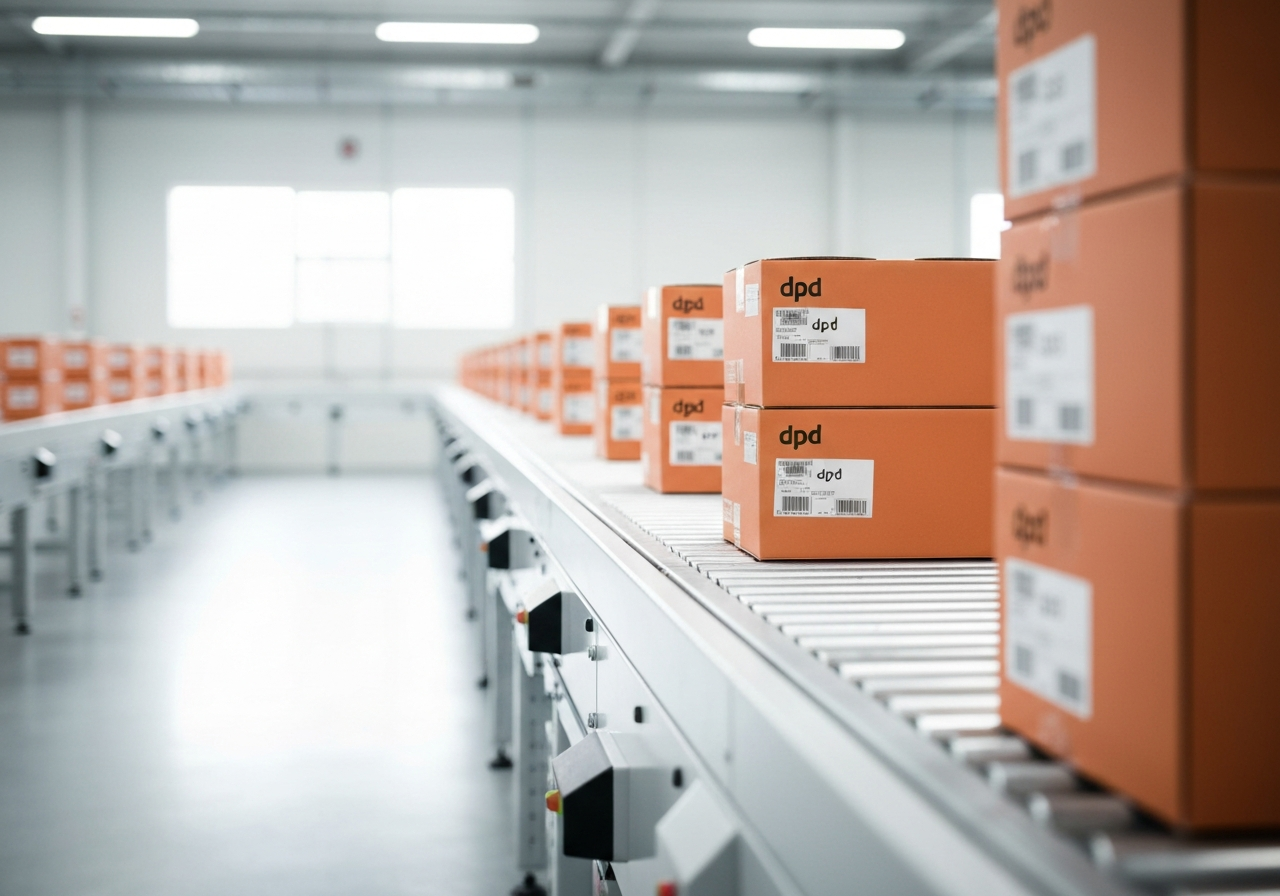 A professional logistics warehouse interior with organized DPD shipping boxes stacked on a clean, modern conveyor belt, soft natural lighting, editorial photography, 85mm lens, high resolution, minimalist aesthetic, no text, no words, no letters