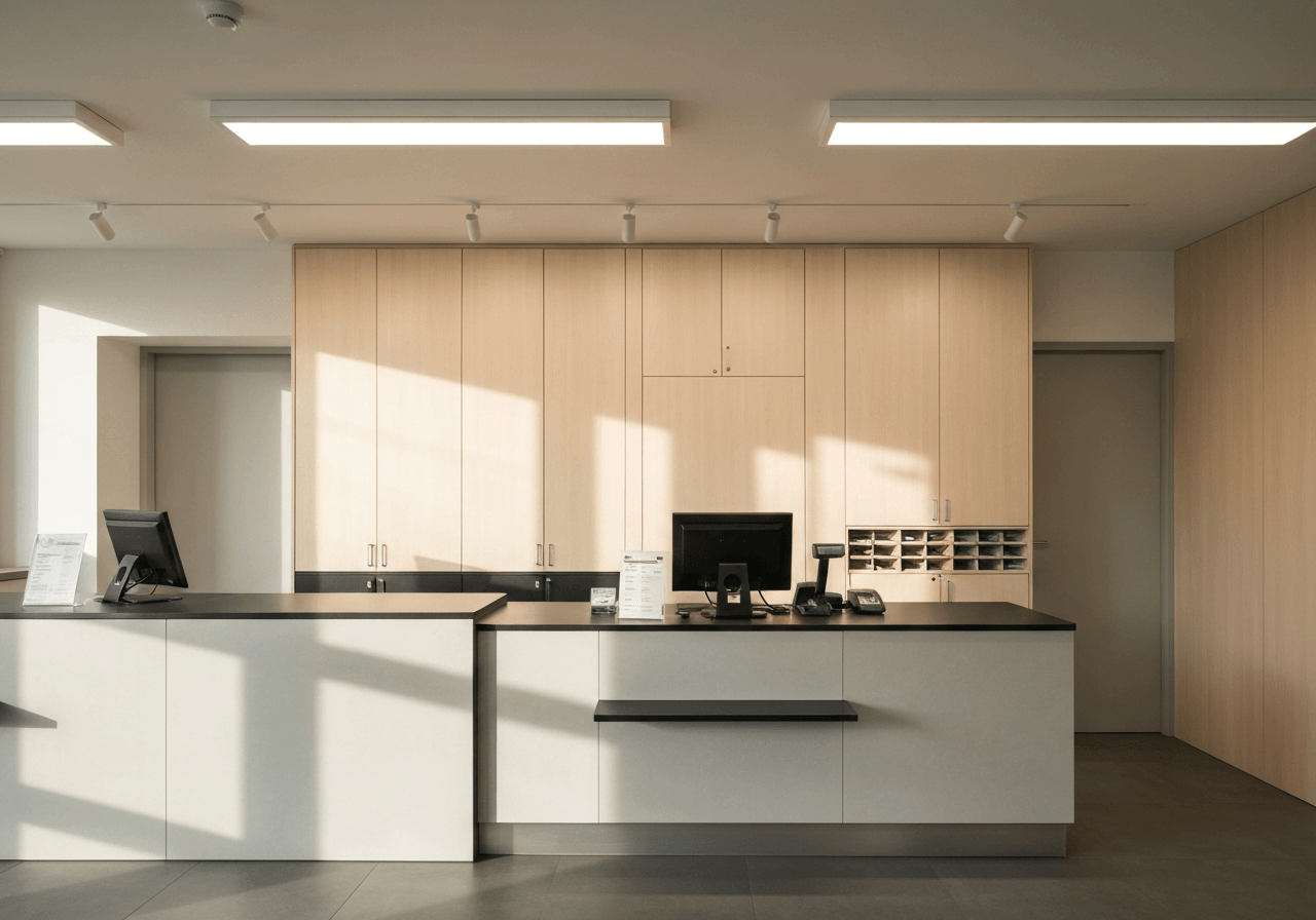 A professional view of a modern Czech post office counter interior, clean lines, organized postal logistics space, soft natural light, editorial photography, 85mm lens, high quality, no text, no words, no letters
