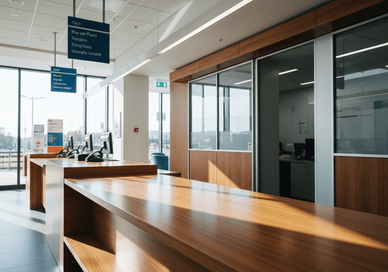 A professional, modern post office interior, clean signage, bright natural light reflecting on wooden counters, editorial photography style, 85mm lens, high resolution, no text, no words, no letters.