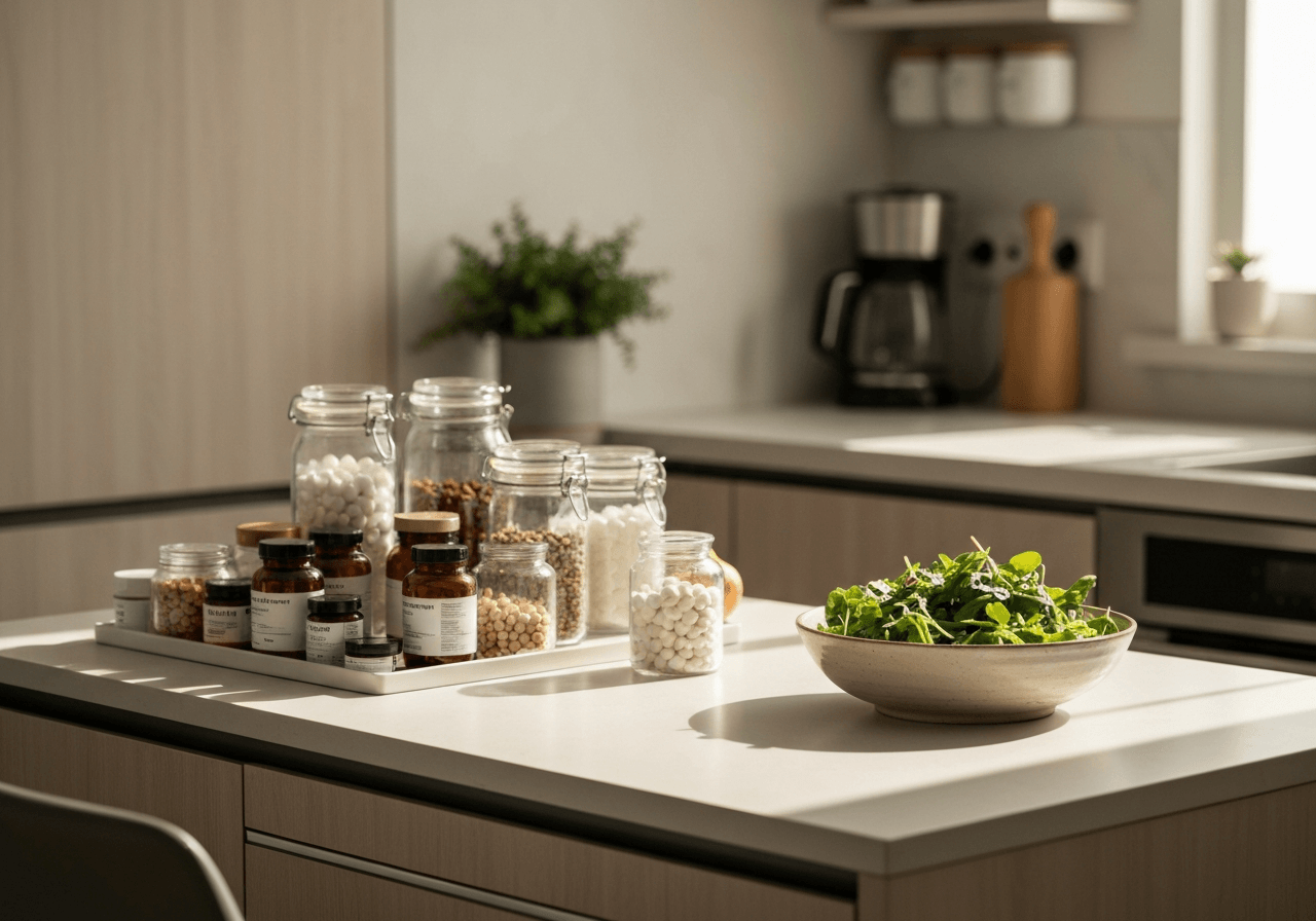 Pošta Brodek u Prostějova: Kompletní přehled (Info 2026) 3 Editorial photography, a professional nutritionist's workstation with organized health supplements and a fresh green salad, modern clean minimalist kitchen interior, soft natural light, 85mm lens, high-end lifestyle aesthetic, no text, no words, no letters