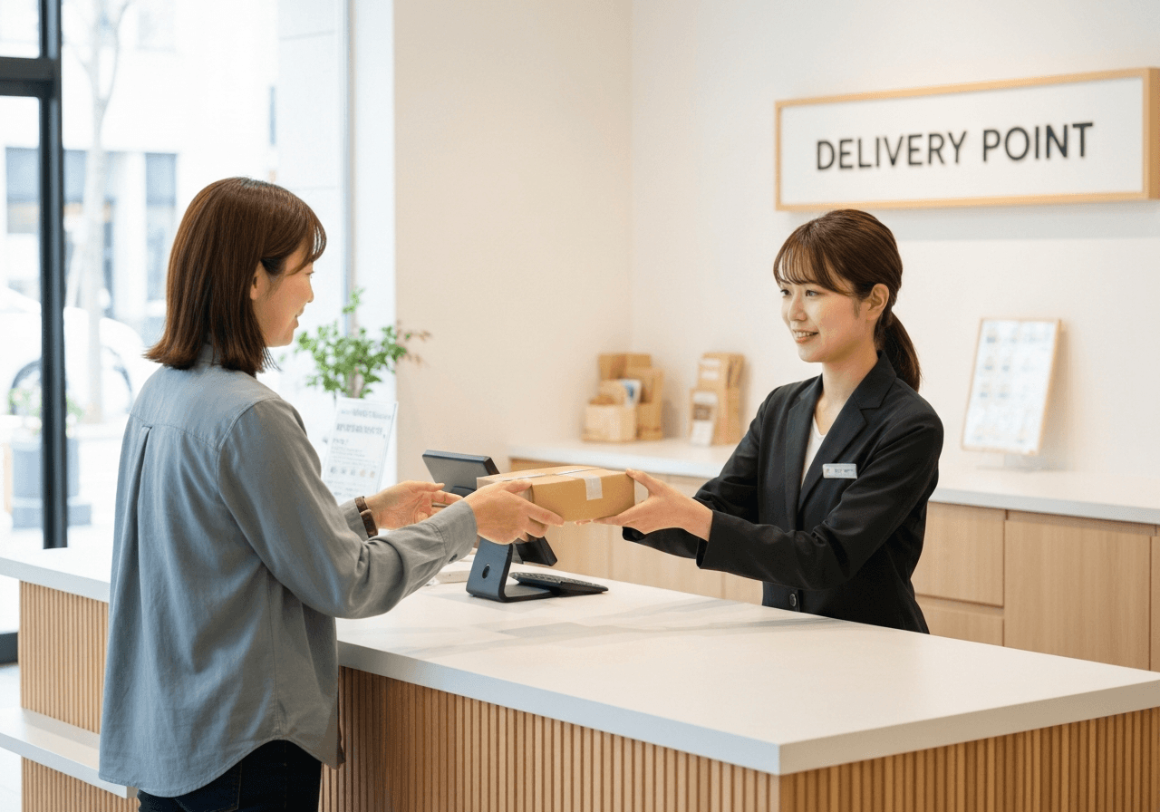 A clean, modern delivery point counter inside a bright store, a customer receiving a small package from a professional clerk, minimalist interior design, editorial photography, soft natural light, 85mm lens, high quality, no text, no letters