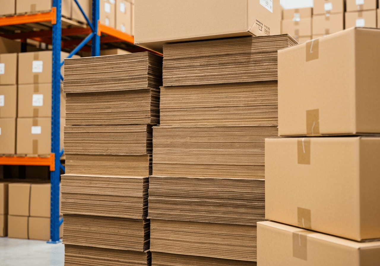 A professional logistics warehouse setting with neatly stacked cardboard packages of various sizes, modern aesthetic, clean and organized, soft natural light, shallow depth of field, 85mm lens, high resolution, no text, no words, no letters