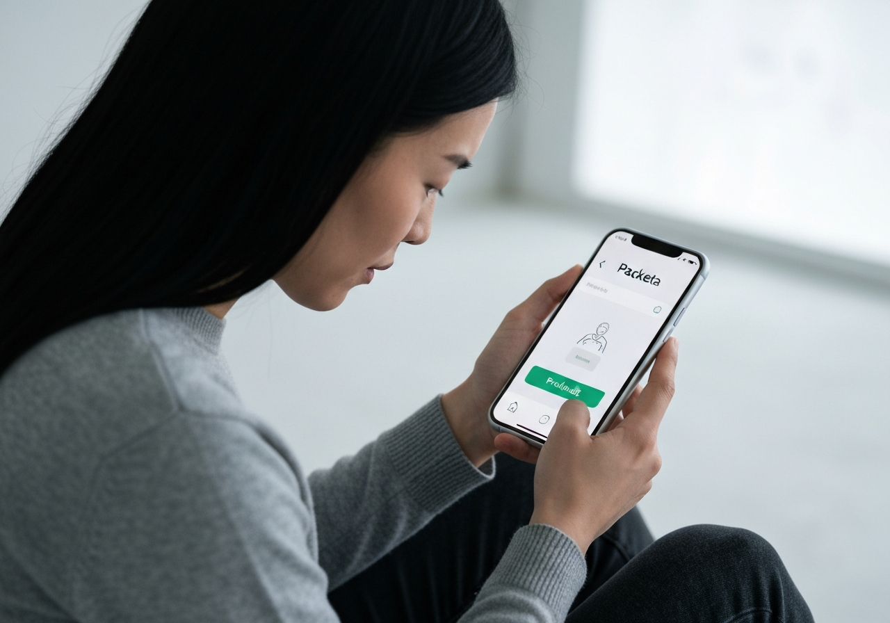 A close-up of a person holding a modern smartphone showing the Packeta app interface with a 'Prodloužit' button highlighted, indoor setting, blurred background of a pick-up point, minimalist aesthetic, soft natural lighting, editorial style, 85mm lens, no text, no letters