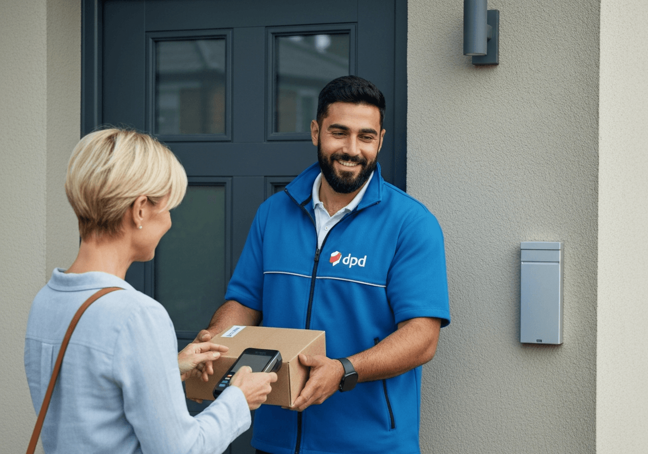 A professional DPD courier handing over a parcel to a customer using a mobile payment terminal, modern suburban doorstep, editorial photography, soft natural light, 85mm lens, highly detailed, no text, no letters