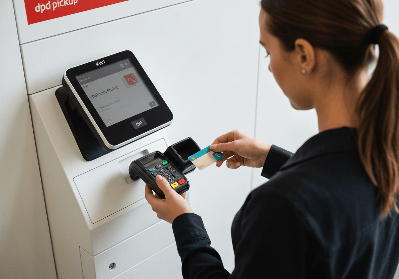 A close-up of a person paying via contactless card terminal at a modern DPD Pickup parcel point, clean and organized counter, professional editorial photography, soft natural light, 85mm lens, high resolution, no text, no letters
