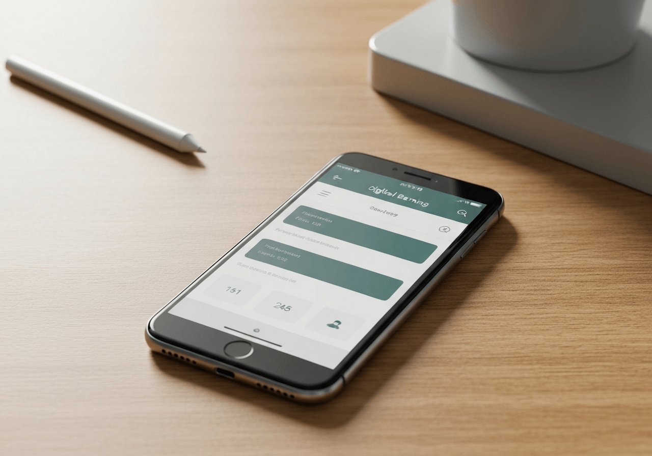 A smartphone displaying a digital banking interface with a sleek, minimalist aesthetic, warm soft natural light hitting a wooden desk, editorial photography, 85mm lens, high resolution, clean composition, no text, no words, no letters