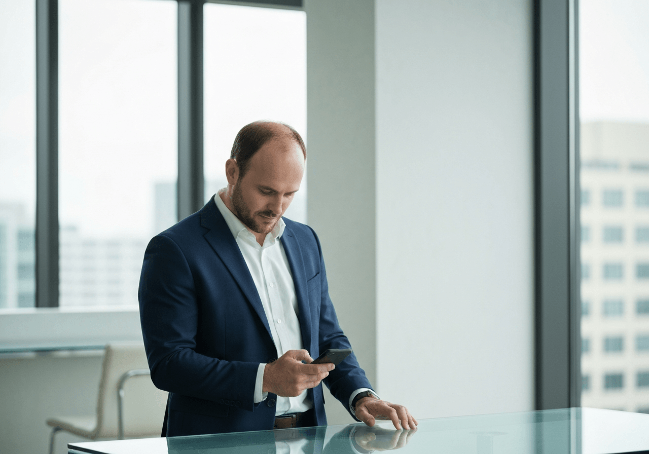 A professional businessman using a smartphone to manage finances in a modern, minimalist workspace, clean glass table, blurred city office background, premium aesthetic, soft natural light, 85mm lens, highly detailed, no text, no words, no letters.
