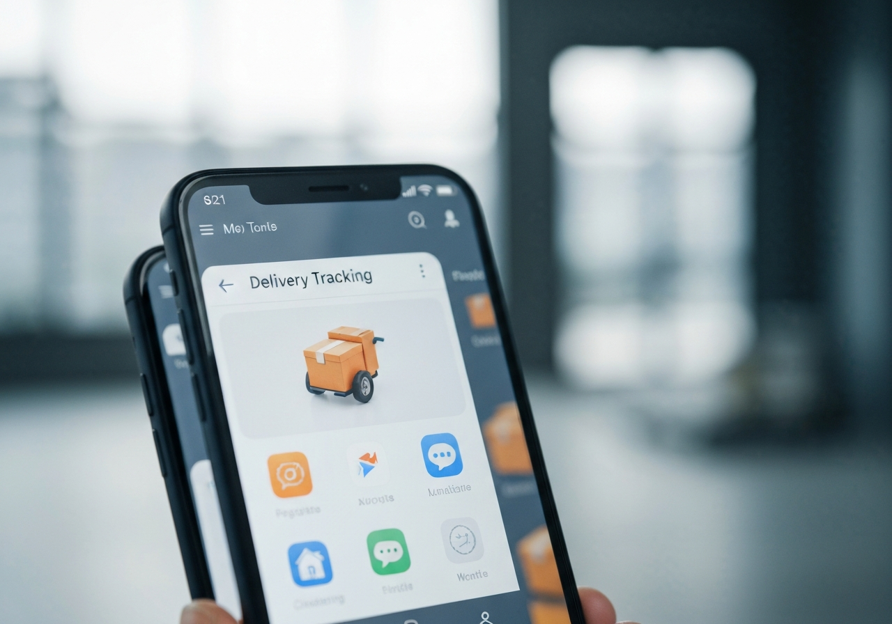 A close-up of a modern smartphone displaying a delivery tracking interface, blurred logistics center in the background, clean editorial style, soft natural light, 85mm lens, high resolution, no text, no letters