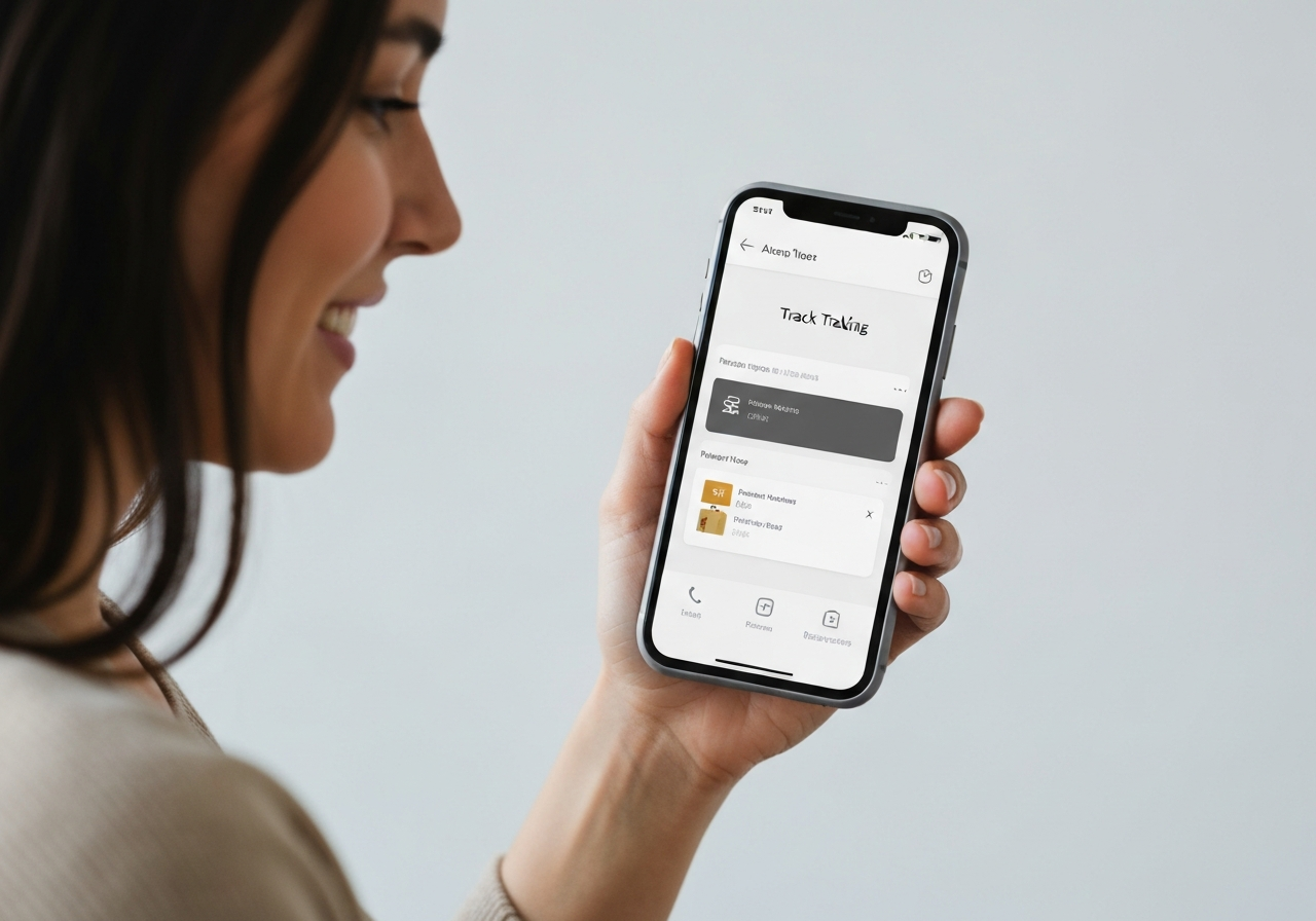 A close-up of a person holding a modern smartphone showing a package tracking app interface, clean minimalist background, soft natural lighting, editorial photography, 85mm lens, high resolution, no text, no words, no letters.