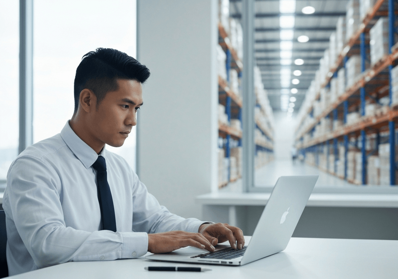 A professional logistics manager working on a sleek laptop showing a modern tracking dashboard, blurred warehouse background in a clean and bright office, editorial photography, soft natural light, 85mm lens, highly detailed, no text, no letters