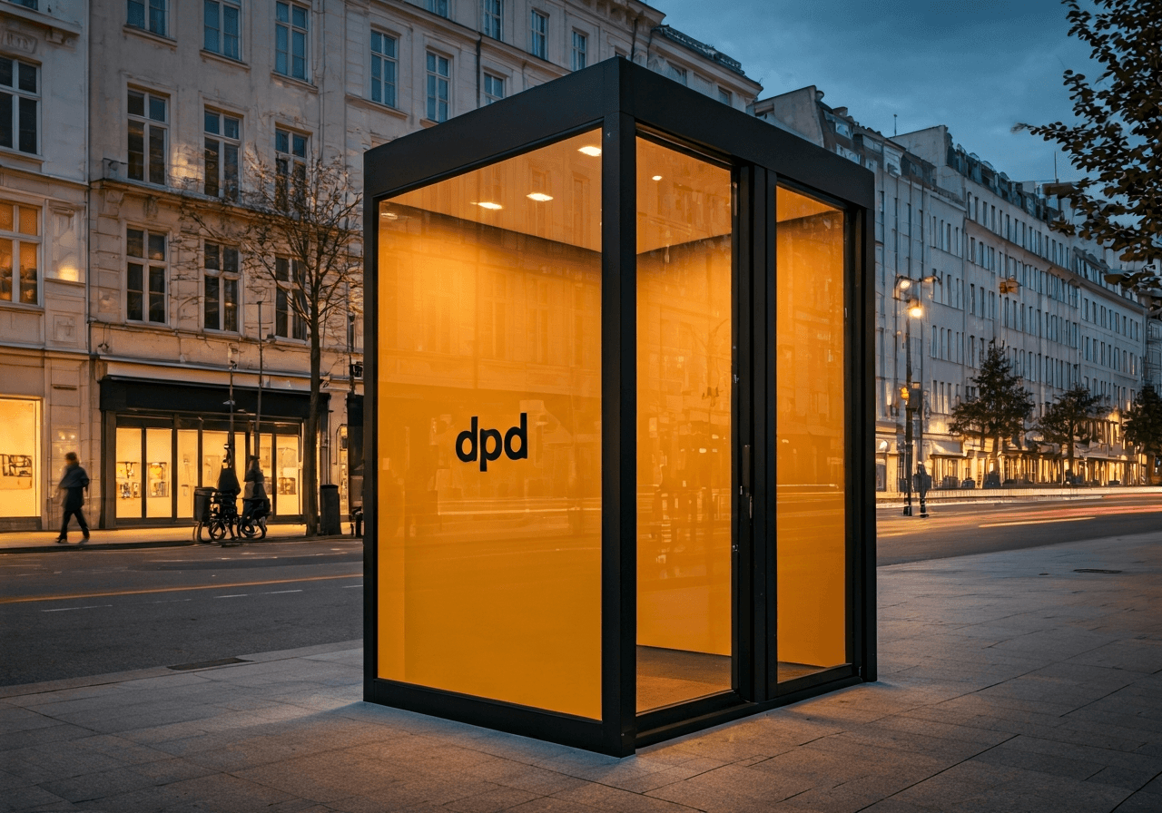 A sleek, modern DPD Pickup point located in a vibrant European city center, minimalist design, glass windows, blurred urban street life in the background, editorial photography, soft natural light, 85mm lens, highly detailed, no text, no words, no letters