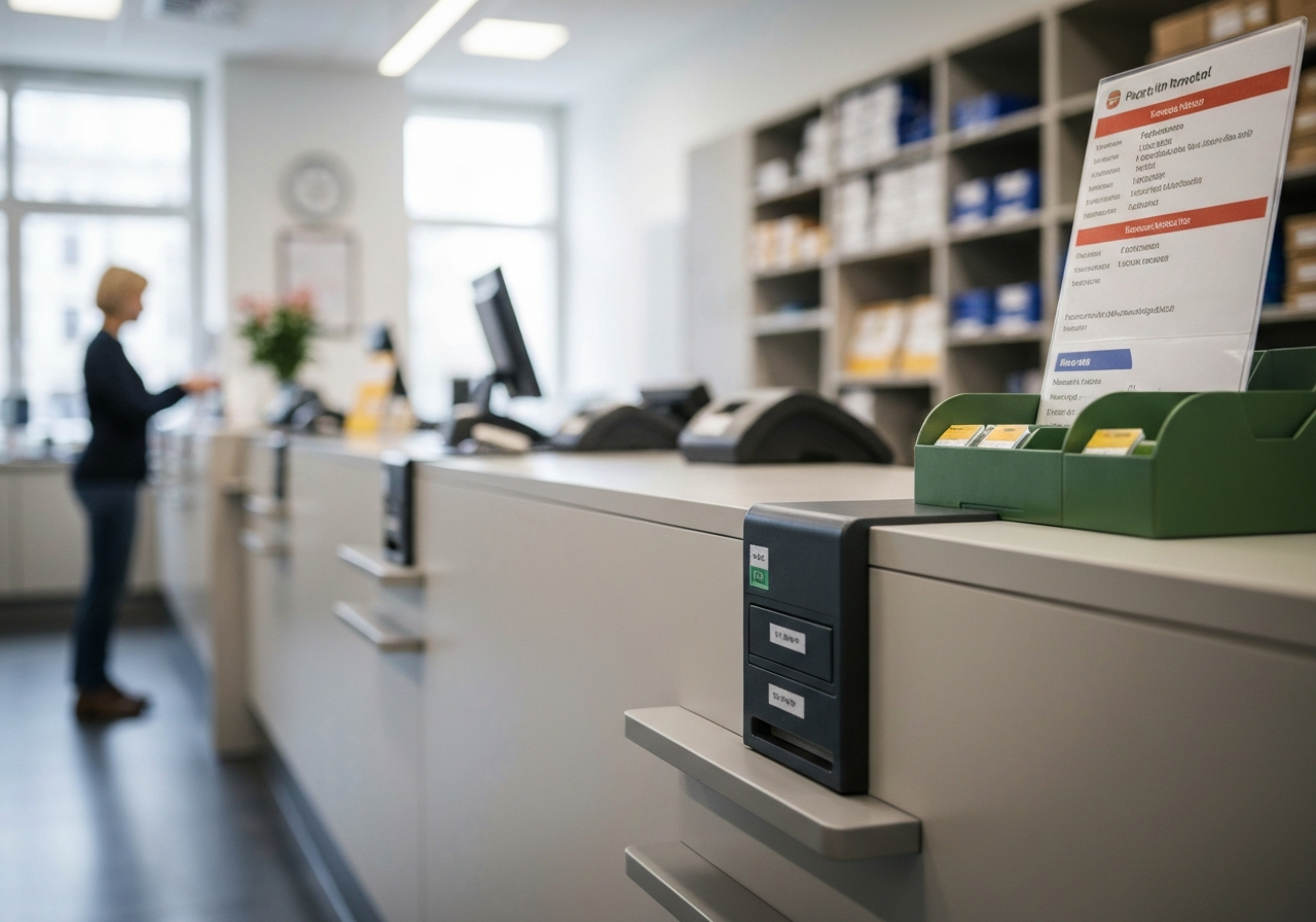 Editorial photography, close up of a professional postal counter in a bright, modern Prague office, organized parcel area, blurred customer background, soft natural light, 85mm lens, highly detailed, no text, no letters