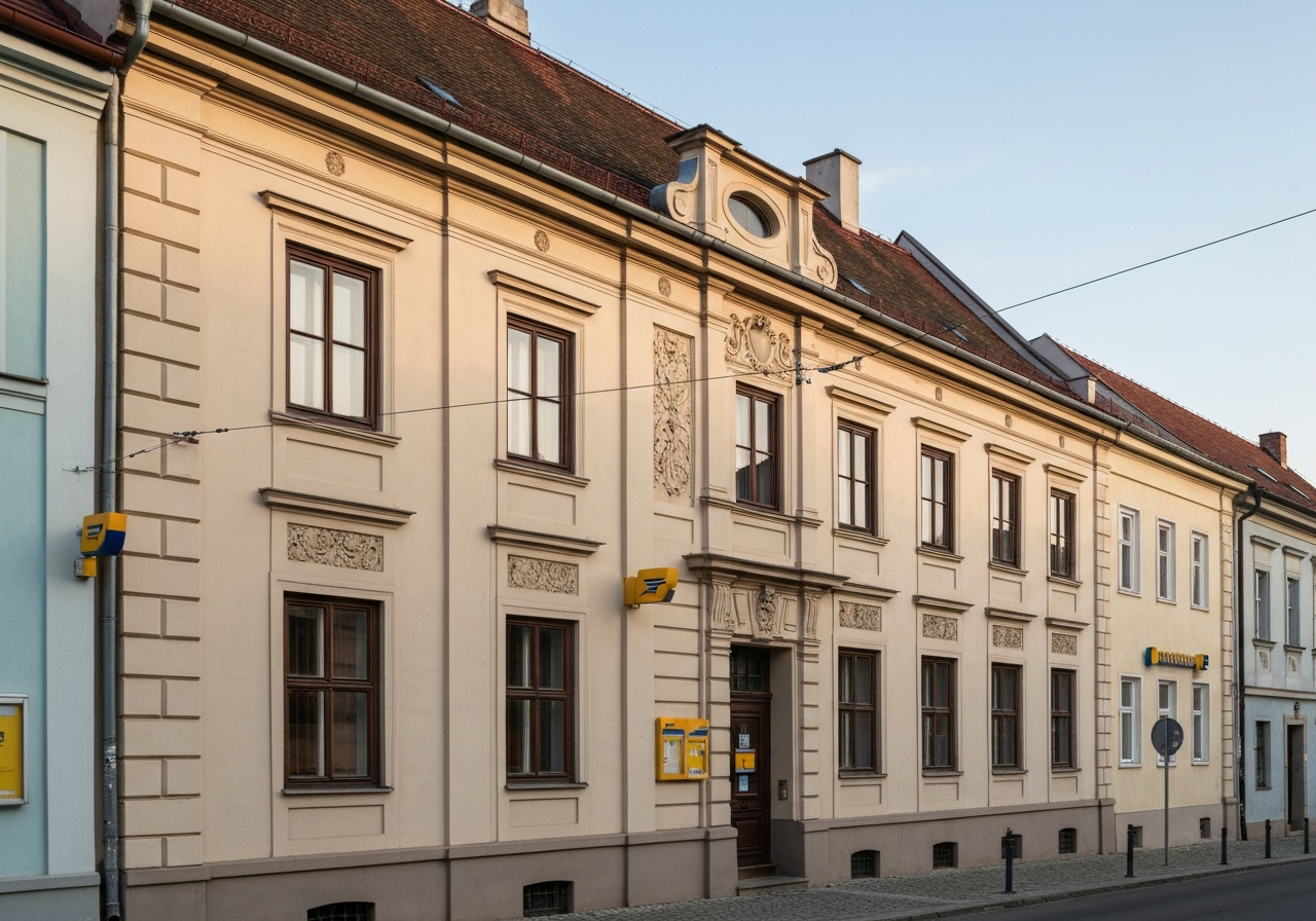 A professional, clean facade of a local post office in Třešť, historical town architecture with modern signage, soft natural daylight, cinematic editorial photography, 85mm lens, high detail, no text, no letters