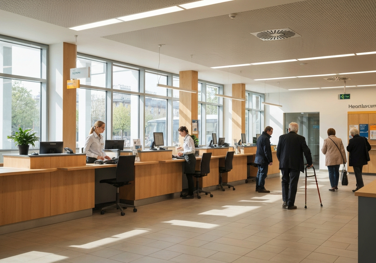 A wide, bright shot of a modern, accessible post office interior in Trest, clean architecture, warm natural lighting, professional service atmosphere, 85mm lens, high quality, no text, no letters