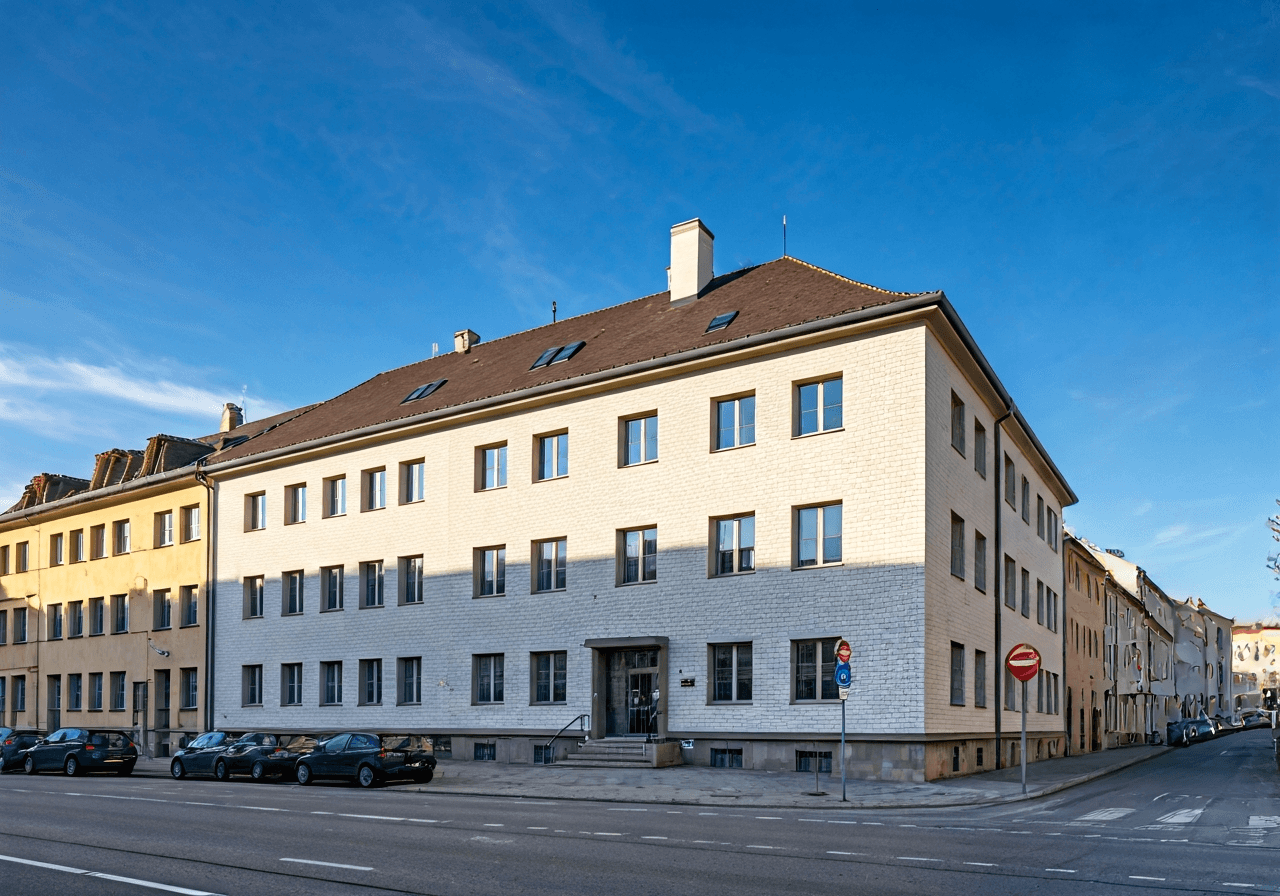 Modern facade of a Czech post office building in a charming town setting, clean architectural lines, soft natural daylight, professional editorial photography, 85mm lens, no text, no letters