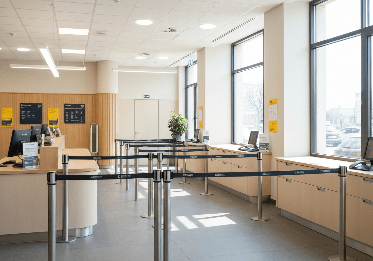 A professional, modern post office interior in Třebechovice, organized queue management system, clean aesthetic, soft natural light streaming through windows, 85mm lens, high-end editorial photography, no text, no words, no letters.