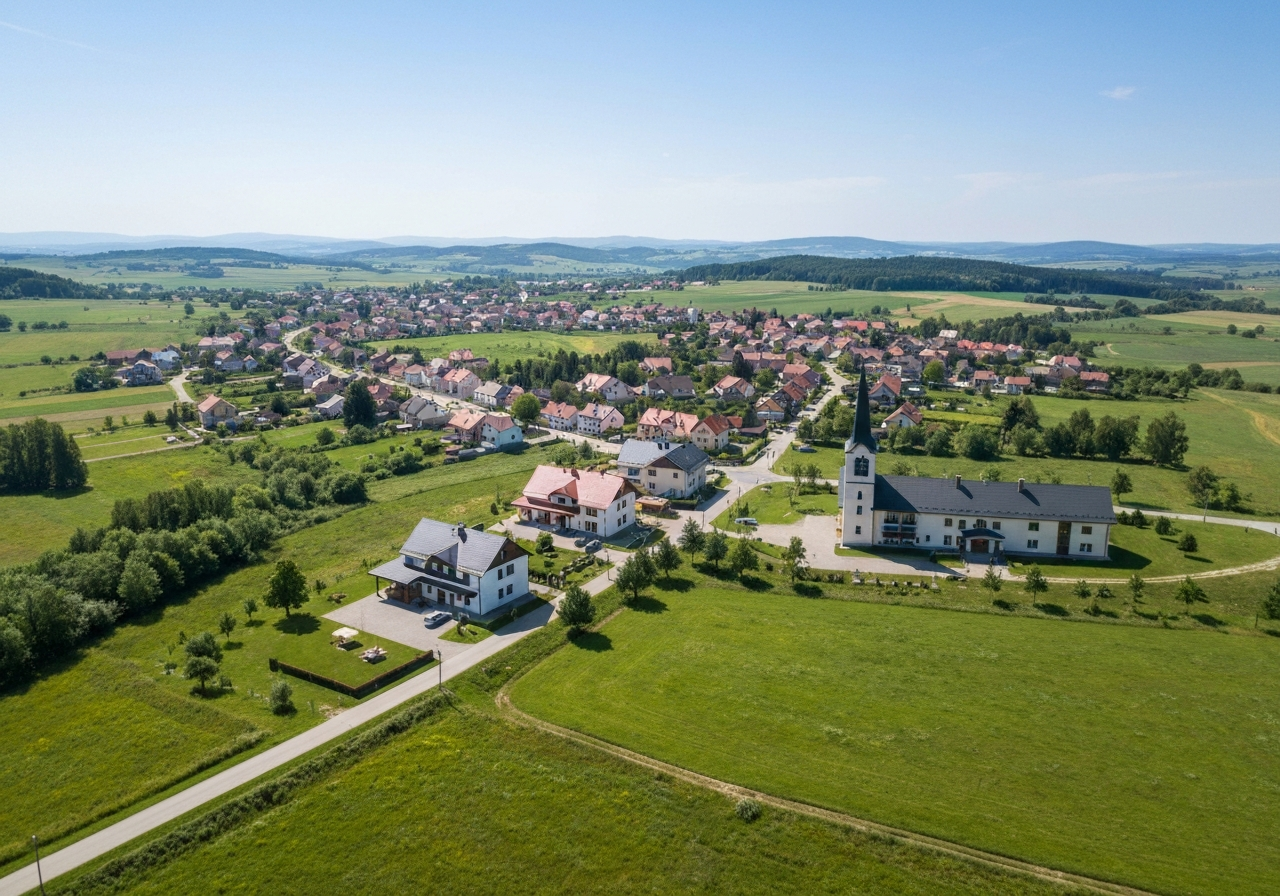 Panoramic aerial view of the village Lednicke Rovne surrounded by lush greenery and hills, modern and serene atmosphere, editorial landscape photography, soft natural light, 85mm lens, highly detailed, no text, no letters
