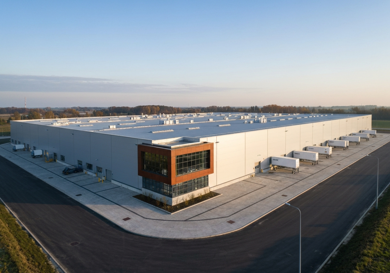 Aerial wide shot of the state-of-the-art PPL logistics center in Mosnov, modern industrial architecture, clean aesthetic, morning soft natural light, 85mm lens, high detail, no text, no words, no letters