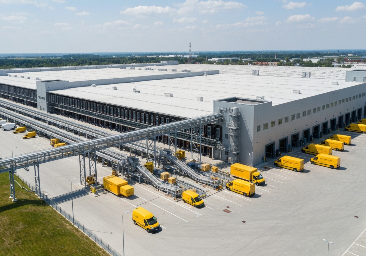 Aerial view of a massive modern automated logistics hub in Mošnov, high-tech sorting conveyors and yellow delivery vans loading at bays, crisp industrial architecture, bright daylight, professional photography, 85mm lens, no text, no words, no letters.