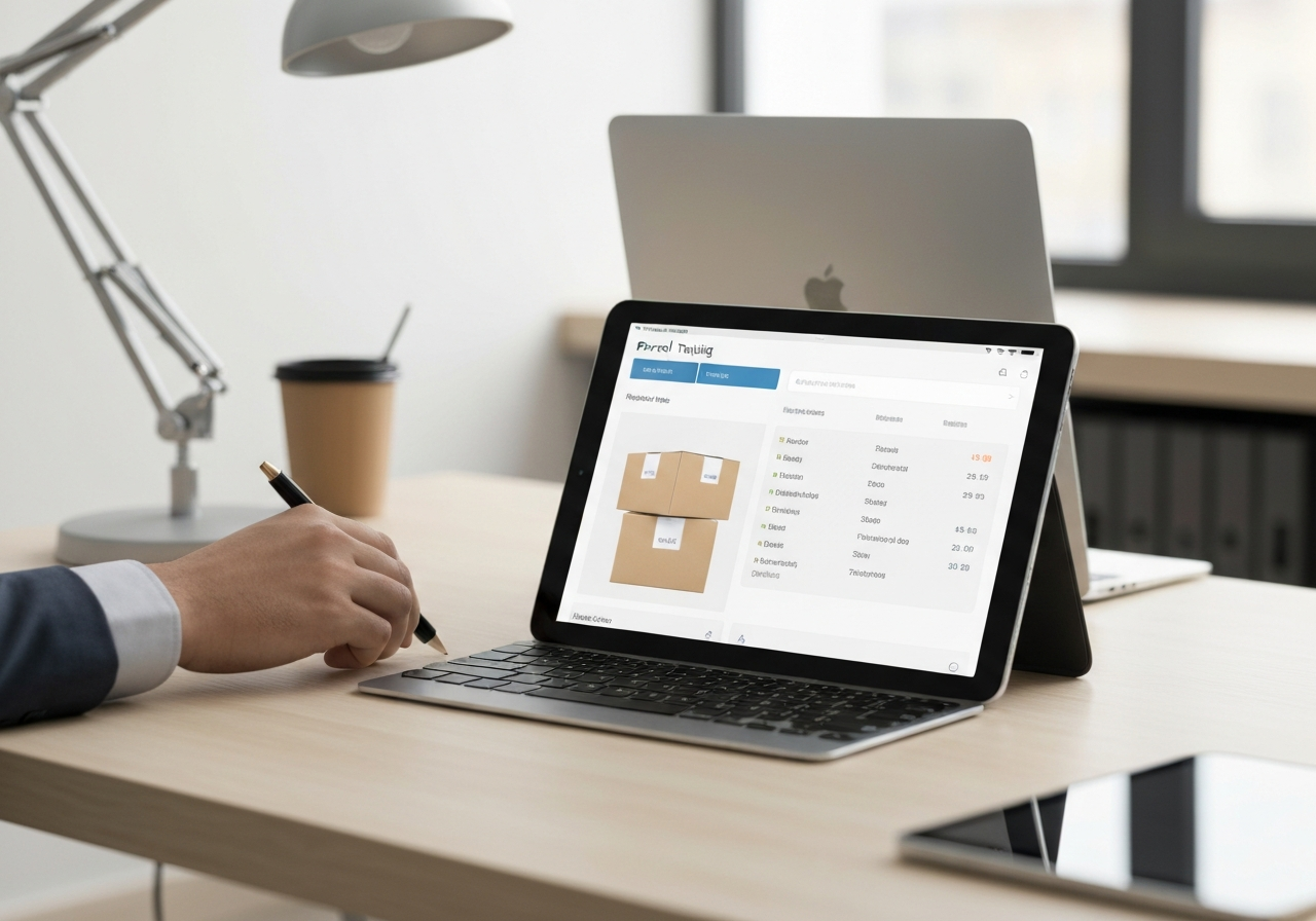A professional logistics desk with a clean tablet showing a parcel tracking interface, minimalist office environment, editorial photography, premium aesthetic, soft natural daylight, 85mm lens, high resolution, no text, no words, no letters