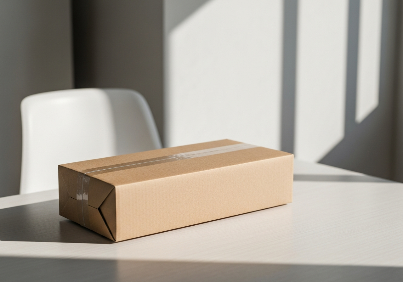 A minimalist and modern scene featuring a cardboard parcel resting on a clean, light wooden table, soft natural sunlight streaming through a window creating gentle shadows, editorial photography, 85mm lens, high resolution, professional composition, no text, no words, no letters