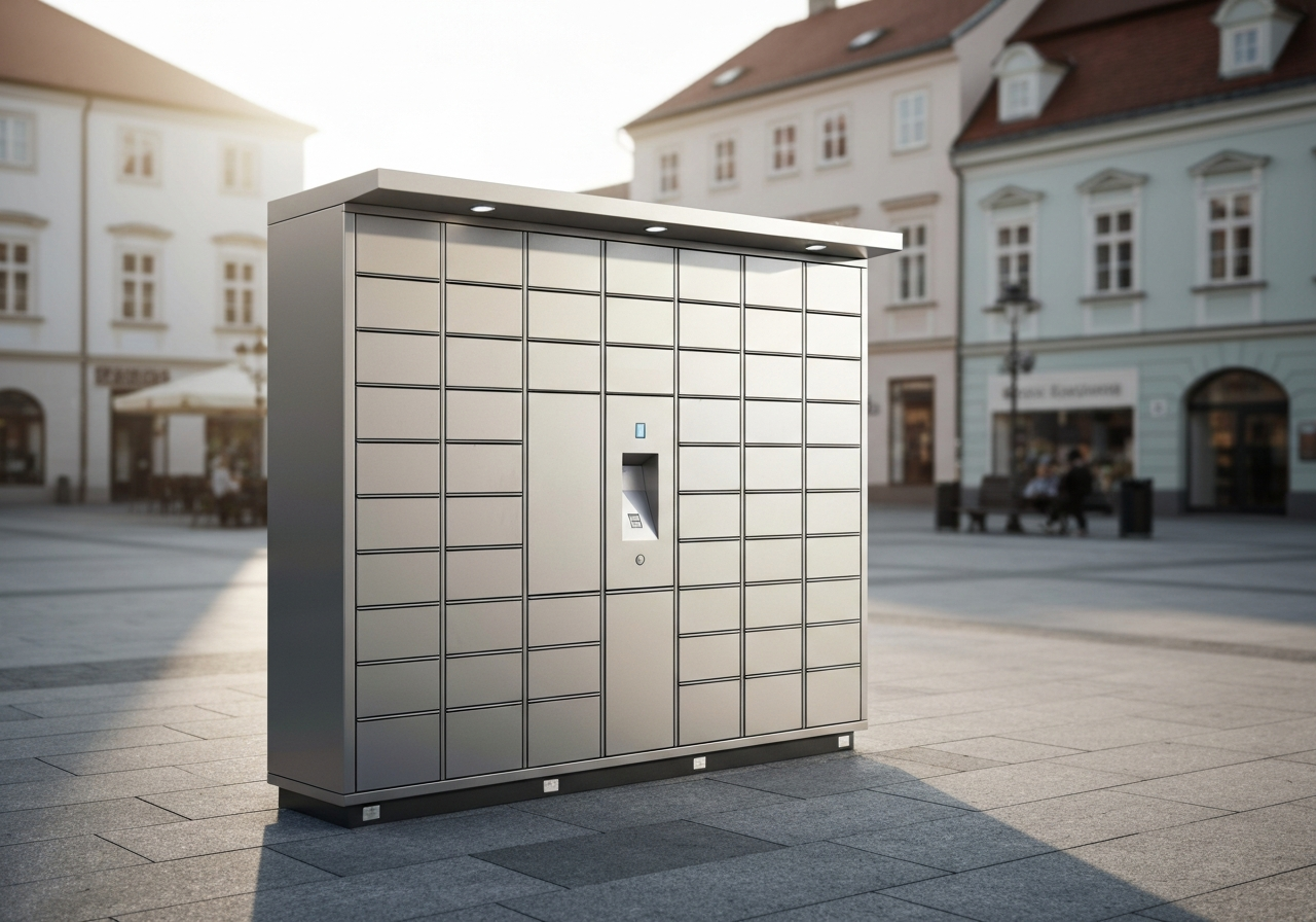A sleek, modern automated parcel locker station placed in a sunlit town square in South Bohemia, clean urban environment, professional logistics equipment, editorial photography, soft natural light, 85mm lens, high resolution, no text, no words, no letters.