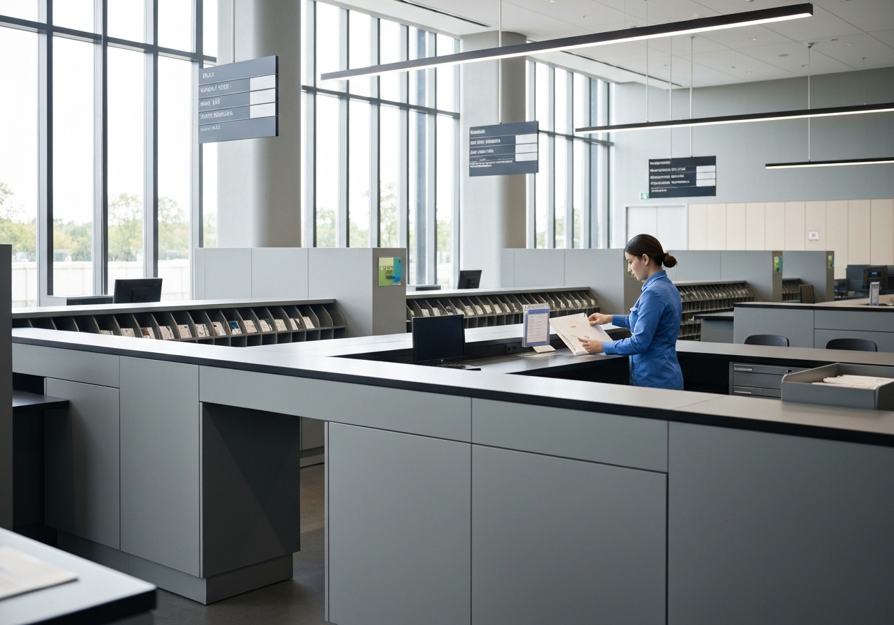 A professional, modern post office interior with a clean aesthetic and organized signage, high-quality editorial photography, soft natural light, depth of field, 85mm lens, no text, no words, no letters