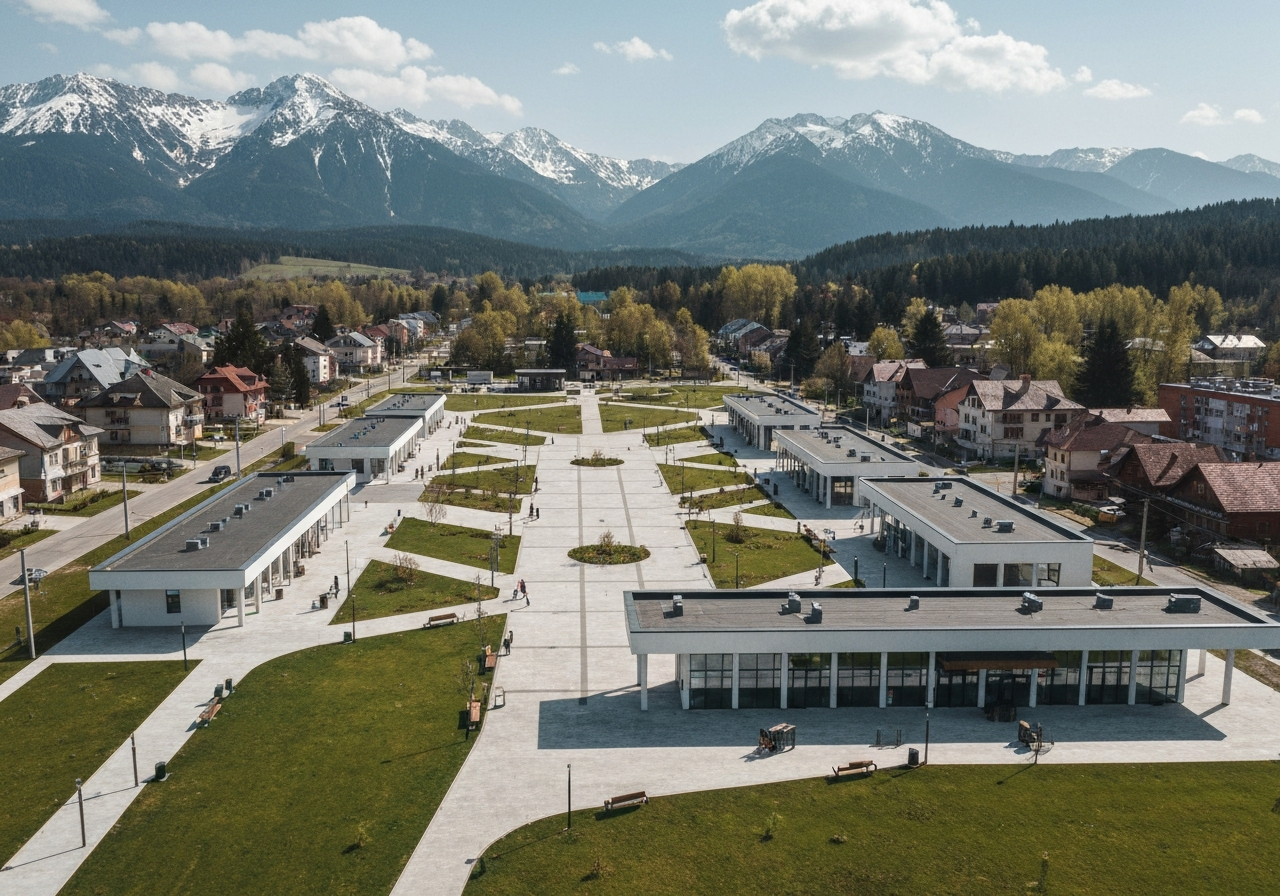 Aerial view of a clean, modern village square in the White Carpathians, soft natural daylight, cinematic editorial photography, 85mm lens, high resolution, no text, no words, no letters