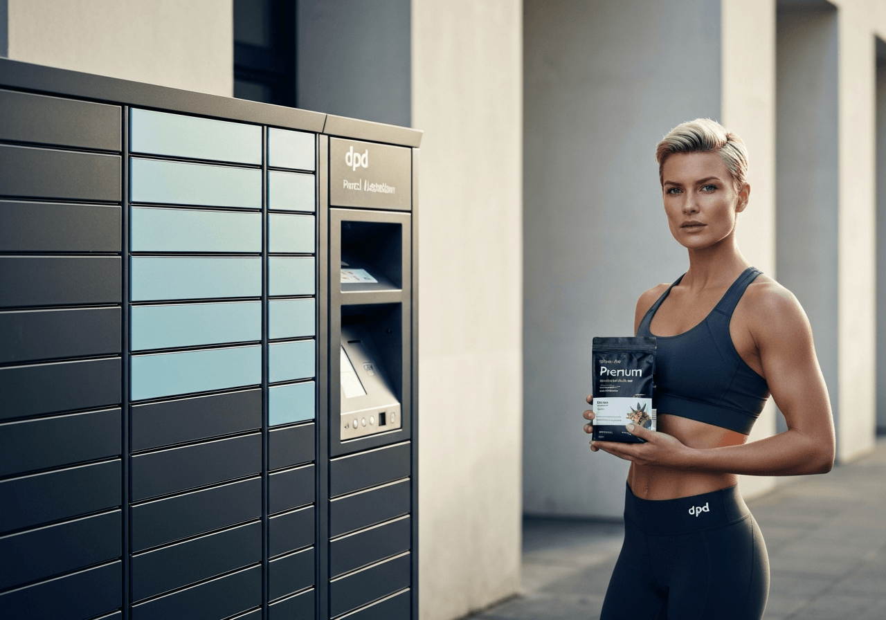 A sleek, modern DPD parcel locker station in a minimalist urban setting, a fit person holding a package of premium health supplements, morning soft natural light, editorial photography, 85mm lens, high quality, no text, no words