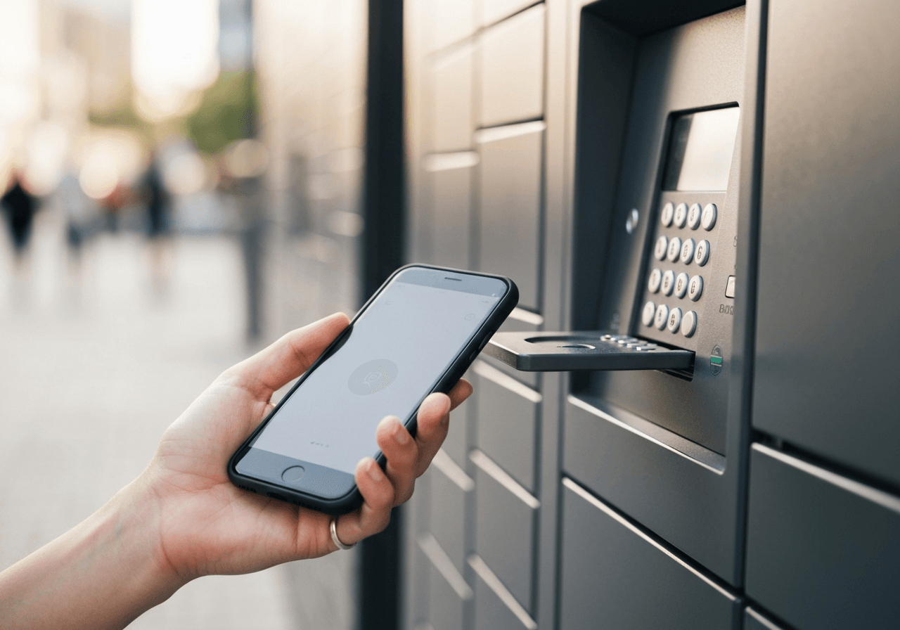 A close-up shot of a person's hand using a smartphone to open a modern, sleek automated parcel locker, urban environment, soft natural daylight, minimalist professional photography, 85mm lens, high quality, no text, no words, no letters.