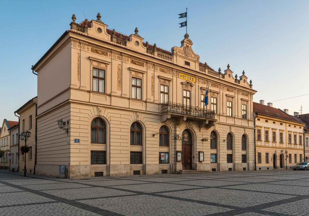 A professional exterior shot of a classic post office building in a quiet Czech town square, morning soft natural light, architectural photography, 85mm lens, high resolution, no text, no words, no letters