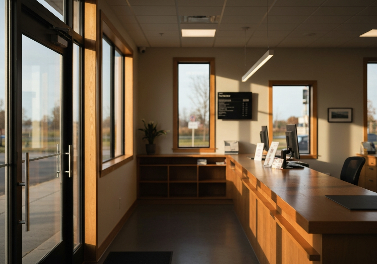 A professional, clean modern post office interior in a small town, warm wooden counter details, soft morning sunlight streaming through windows, editorial photography, 85mm lens, highly detailed, no text, no words, no letters