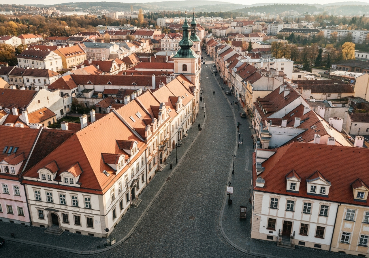 Aerial view of the historical town square of Vysoké Mýto, clean urban landscape with red rooftops, sunny day, editorial photography, 85mm lens, soft natural lighting, high resolution, no text, no letters