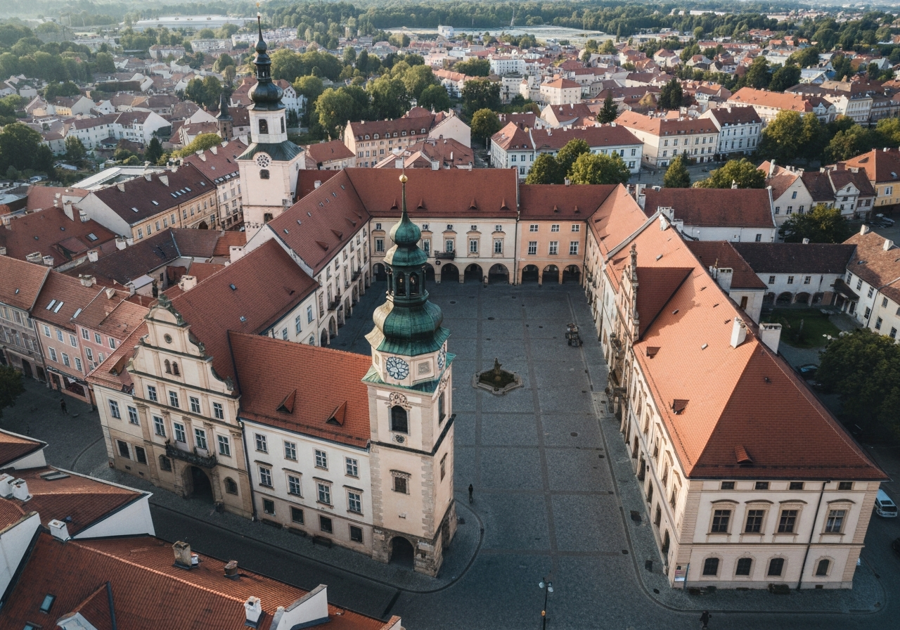 Aerial view of Náměstí Přemysla Otakara II. in Vysoké Mýto, historical architecture surrounding a clean public square, editorial photography, soft morning sunlight, 85mm lens, high detail, no text, no words, no letters