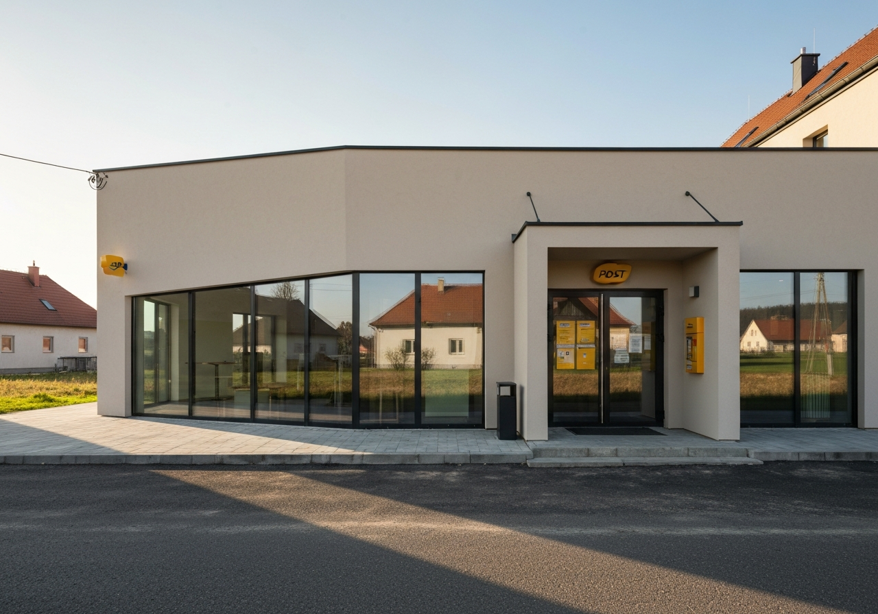 A professional, clean exterior shot of a modern local post office building in a rural Czech village, bright daylight, architecture photography, 85mm lens, high quality, no text, no letters