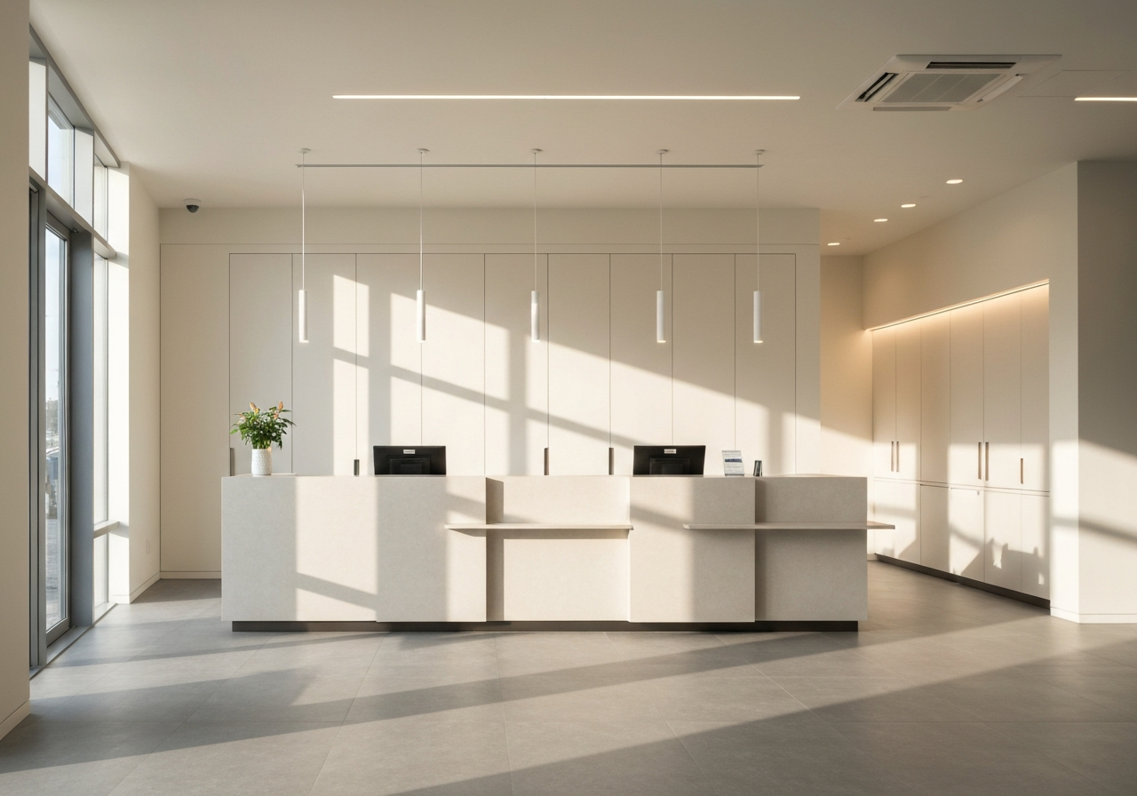 A professional modern interior of a post office branch, clean lines, minimalist counter design, natural soft light, editorial photography style, 85mm lens, high resolution, no text, no words, no letters.