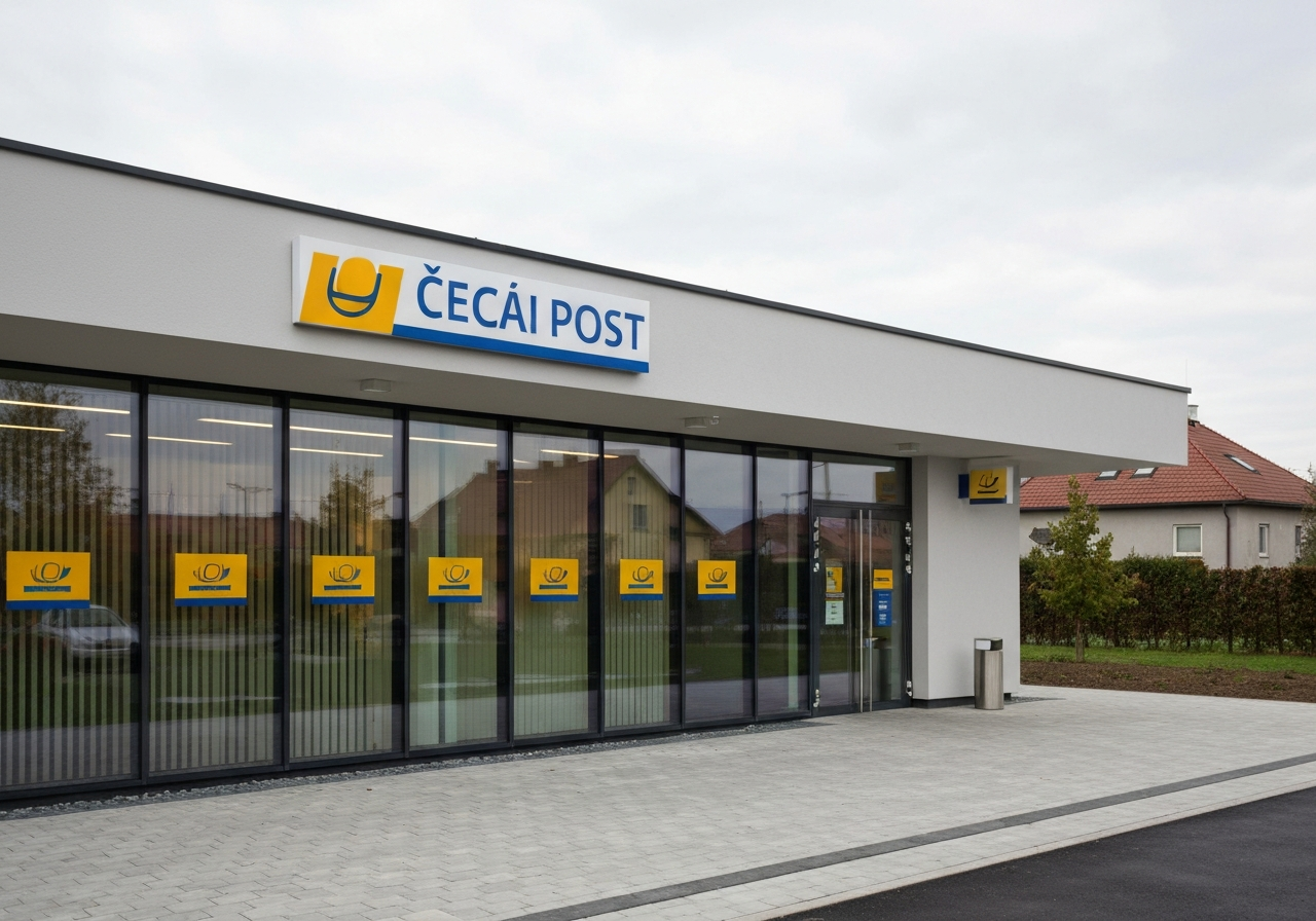 A modern, clean exterior of a Czech post office branch in a suburban area, clear signage, soft natural daylight, professional architectural photography, 85mm lens, high resolution, no text, no letters.