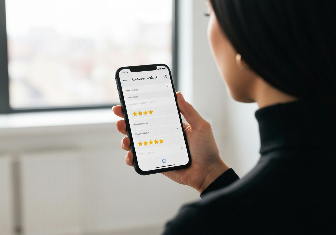 A close-up shot of a smartphone screen showing a customer feedback rating interface, held by a person in a modern office environment, professional editorial style, soft natural light, 85mm lens, high resolution, no text, no words, no letters