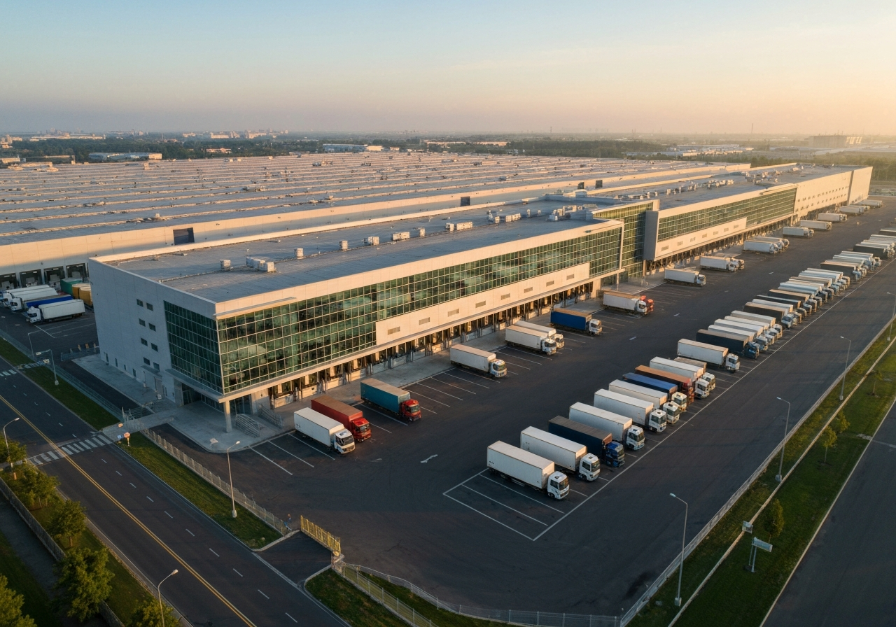 Aerial wide shot of a modern, massive logistics warehouse facility in an industrial zone at dawn, sleek architecture, rows of delivery trucks parked in organized lines, vibrant morning light, 85mm lens, high resolution, industrial photography style, no text, no words, no letters