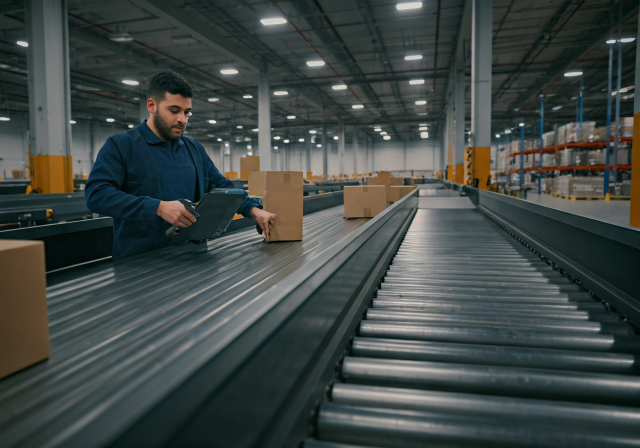 Modern logistics warehouse interior, automated sorting belts with packages, professional worker scanning parcels, clean industrial aesthetic, soft natural light, 85mm lens, high resolution, no text, no words, no letters