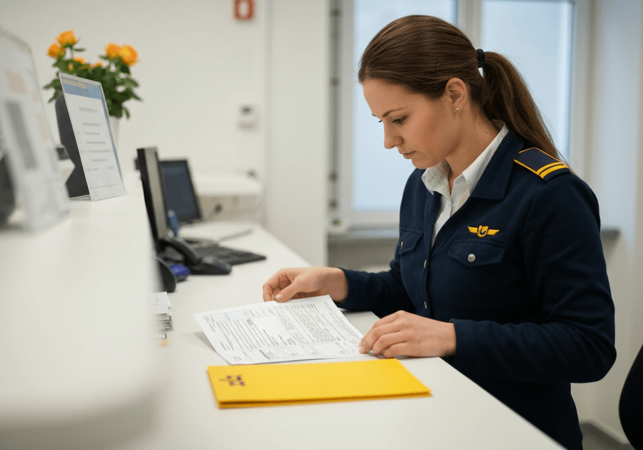 A professional modern interior of a Czech post office service desk, clean aesthetic, close-up of a person handling official documents, soft natural light, 85mm lens, editorial photography, no text, no letters, no words